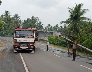 Hilang Kendali Mobil Colt Diesel Tabrak Liang Listrik